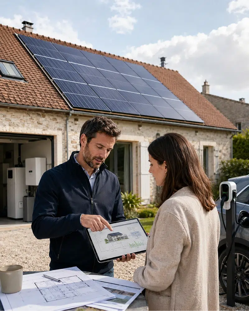 Deux personnes discutant de panneaux solaires.